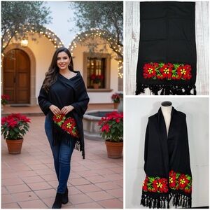 Mexican Embroidered Black Shawl Wrap Pashmina With Red Poinsettias